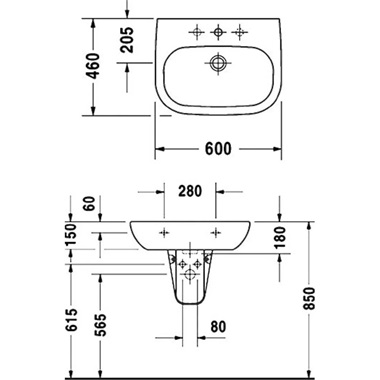 Duravit D-Code mosdó 60x46 cm, fehér, 1 csaplyukkal