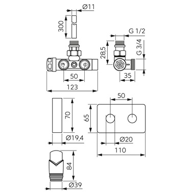 Ferro egybeépített dekoratív sarok termosztát szett merülőhüvellyel, króm