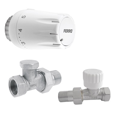 Ferro egyenes radiátorszelep szett termosztátfejjel 1/2"x1/2"