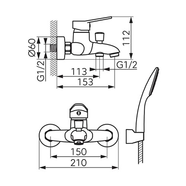 Ferro Isso fali kád csaptelep zuhanyszettel, króm