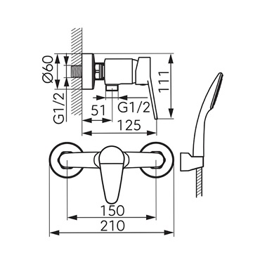 Ferro Isso fali zuhany csaptelep zuhanyszettel, króm 