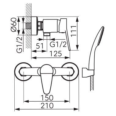 Ferro Isso fali zuhany csaptelep zuhanyszettel, króm 