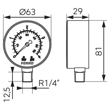 Ferro nyomásmérő alsó csatlakozású 4 bar, 63 mm, 1/4"