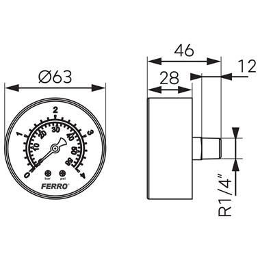 Ferro nyomásmérő hátsó csatlakozású 4 bar, 63 mm, 1/4"