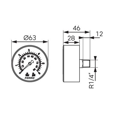 Ferro nyomásmérő hátsó csatlakozású 6 bar, 63 mm, 1/4"