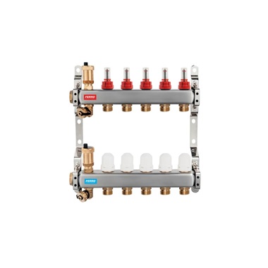 Ferro osztó-gyűjtő 3/4" áraméásmérővel, termofejezhető, légtelenítővel, 5 körös