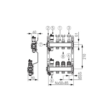 Ferro osztó-gyűjtő 3/4" áraméásmérővel, termofejezhető, légtelenítővel, 5 körös