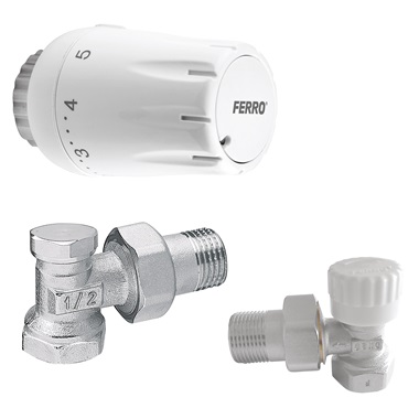 Ferro sarok radiátorszelep szett termosztátfejjel 1/2"x1/2"