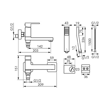 Ferro Zicco kádcsaptelep a kifolyócsőbe épített zuhanyváltóval