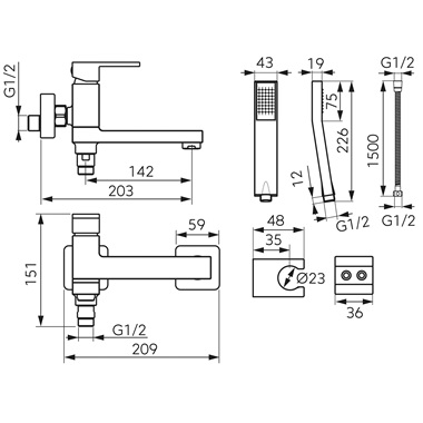 Ferro Zicco kádcsaptelep a kifolyócsőbe épített zuhanyváltóval