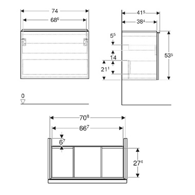 GEBERIT ACANTO ALSÓ SZEKRÉNY MOSDÓHOZ EGY FIÓKKAL ÉS EGY BELSŐ FIÓKKAL, 75 CM MOSDÓHOZ, TEST: FEHÉR / FÉNYEZETT