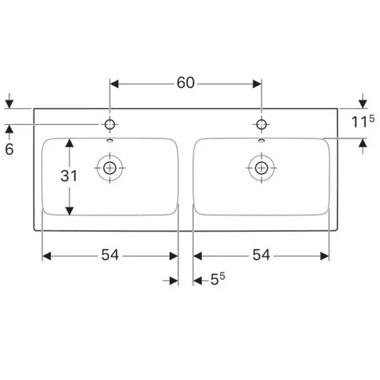 Geberit iCon dupla mosdó, 120x16x48.5 cm, csaplyuk középen, túlfolyóval