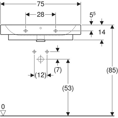 Geberit iCon pultra ültethető mosdó 75x15,5x485 cm, csaplyuk középen, túlfolyóval