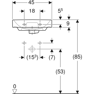 Geberit Smyle Square kézmosó aszimmetrikus túlfolyóval, 45x15,5x36 cm, fehér