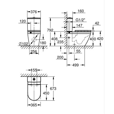 Grohe Euro Ceramic monoblokkos WC szett alsó bekötésű tartállyal, duroplast ülőkével, alpin fehér