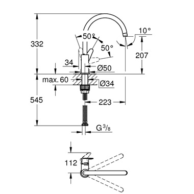 Grohe BauCurve egykaros mosogatócsap 1/2”, króm