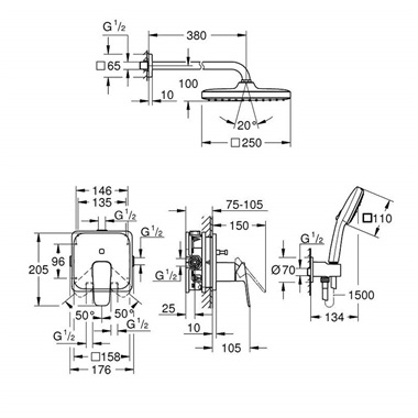 Grohe Cubeo rejtett zuhanyrendszer Tempesta 250 fejzuhannyal, matt fekete