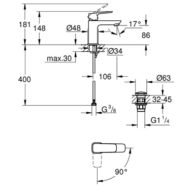Grohe Cubeo egykaros mosdócsaptelep 1/2" S-es, króm