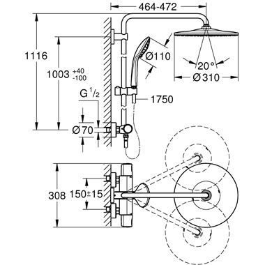 Grohe Euphoria System 310 zuhanyrendszer termosztátos csapteleppel, falra szereléshez, króm