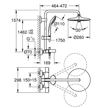 Grohe Euphoria System 260 termosztátos zuhanyrendszer kádtöltővel falra szerelésre, króm