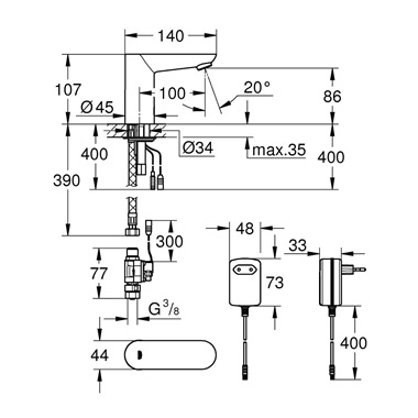Grohe Euroeco Cosmopolitan E Infravörös elektronikus mosdócsap 1/2”, keverőegység nélkül, króm