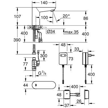 Grohe Euroeco Cosmopolitan E Bluetooth Infravörös elektronikus mosdócsap 1/2”, króm,  keverőegység nélkül