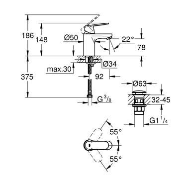 Grohe Eurosmart Cosmopolitan egykaros mosdócsaptelep 1/2” S-es méret, króm
