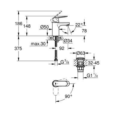 Grohe Eurosmart Cosmopolitan egykaros mosdócsaptelep 1/2” S-es méret, króm