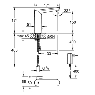 Grohe Eurosmart Cosmopolitan E Infravörös elektronikus mosdócsaptelep 1/2" L-es, króm