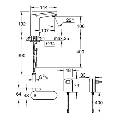Grohe Eurosmart Cosmopolitan E Infravörös elektronikus mosdócsaptelep 1/2”,  króm