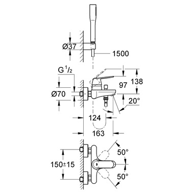 Grohe Eurosmart Cosmopolitan egykaros kádcsaptelep zuhanyszettel 1/2”, króm