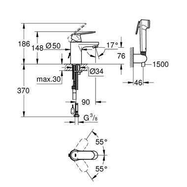 Grohe Eurosmart Cosmopolitan egykaros mosdócsaptelep 1/2" S-es,+ zuhanygarnitúra króm