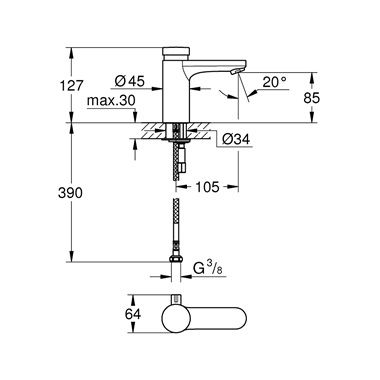 Grohe Eurosmart Cosmopolitan T Önelzáró mosdócsaptelep, keverőszeleppel és állítható hőmérséklet szabályozóval, króm