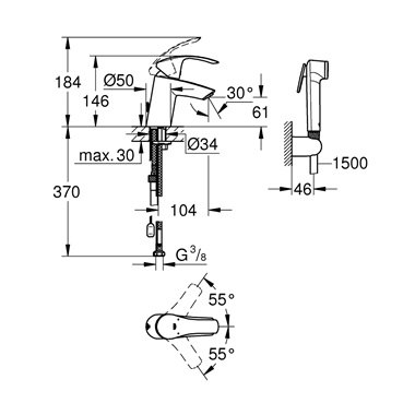 Grohe Eurosmart egykaros mosdócsaptelep zuhanygarnitúrával, S méret, króm