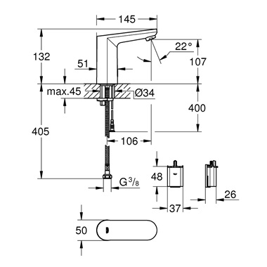 Grohe eurosmart E infrás mosdócsaptelep 6V rejtett keverőegységgel és állítható hőmérséklet-korlátozóval
