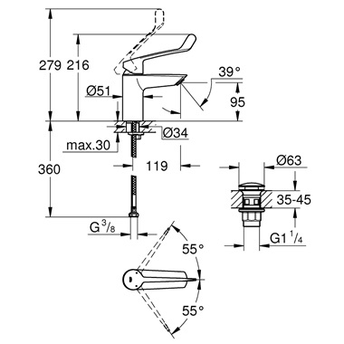 Grohe Eurosmart egykaros mosdócsaptelep Click-Clack leeresztővel 1/2" S-es, króm
