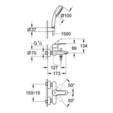 Grohe Eurostyle Cosmopolitan egykaros kádcsaptelep zuhanyszettel 1/2”, króm