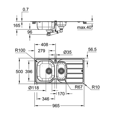 Grohe K200 mosogatótálca 98,5x51,5 cm,  csepegtetővel, rozsdamentes acél