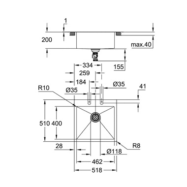 Grohe K800 rozsdamentes acél mosogatótálca 51,8x56 cm, 