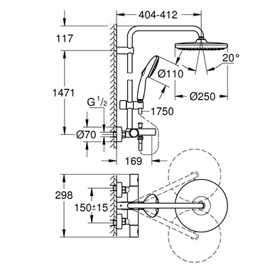 Grohe Tempesta Cosmopolitan fali termosztátos zuhanyrendszer króm kádtöltővel, króm