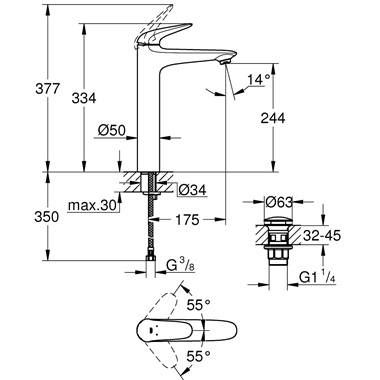 Grohe Wave egykaros mosdócsaptelep 1/2” XL-es méret, króm