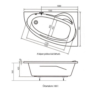 H2O Kitty aszimmetrikus sarokkád150x95 cm, balos