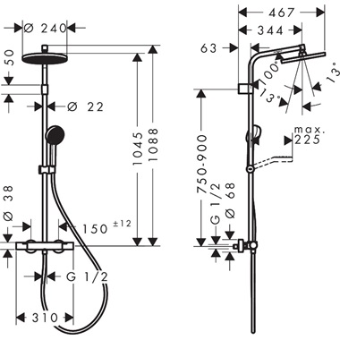 Hansgrohe Activera S showerpipe 240, 1 jet, Ecosmart, Ecostat Fine Varia, króm