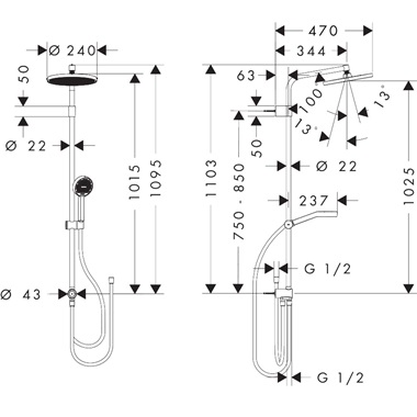 Hansgrohe Activera S showerpipe 240, 1jet, Ecosmart, Reno Varia, króm