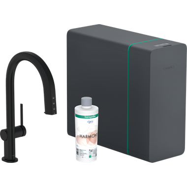Hansgrohe Aqittura M91 vízszűrős konyhai csaptelep és szódakészítő rendszer 210, kihúzható zuhanyfejjel, 1jet, sBox,