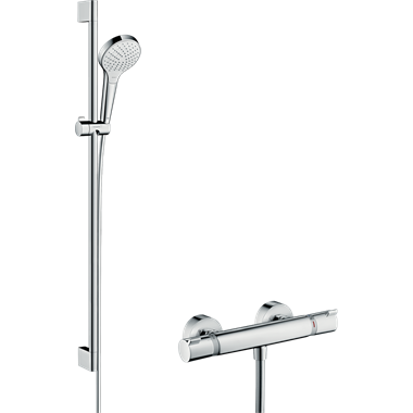 Hansgrohe Croma Select S falsíkon kívüli zuhanyrendszer Vario 90 cm-es zuhanyrúddal és Ecostat Comfort termosztáttal