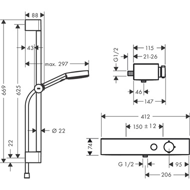 Hansgrohe Pulsify Select Relaxation 105 zuhanyrendszer 3 jet, kézizuhannyal termosztáttal, 65 cm-es zuhanyruddal, króm