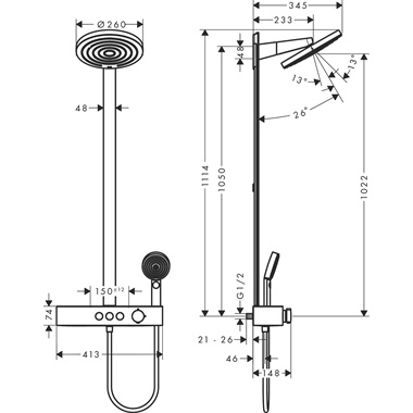 Hansgrohe Pulsify showerpipe zuhanyszett 260  2 jet, és Showertablet select 400 matt fehér
