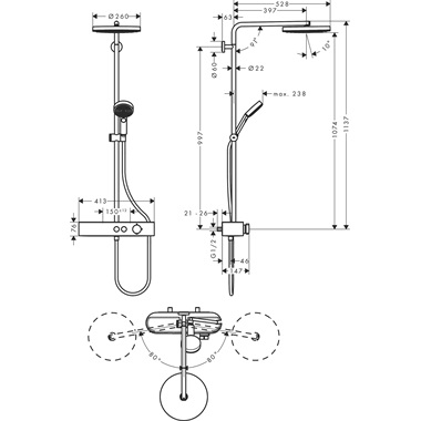 Hansgrohe Pulsify S Showerpipe 260, 1 jet EcoSmart, Showertablet Select 400, matt fehér