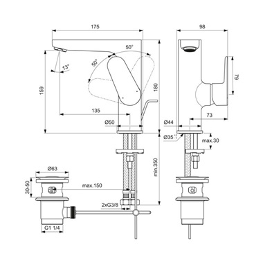Ideal Standard Cerafine O mosdócsaptelep, leeresztővel, 155 mm, silk black